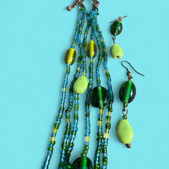 Bright and happy Green and Blue Beaded Necklace and earrings Set - Picture 5 of 5